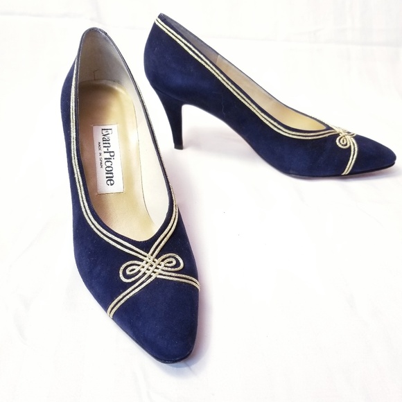 Evan Picone Shoes - Evan Picone Vintage Navy Suede and Gold heels